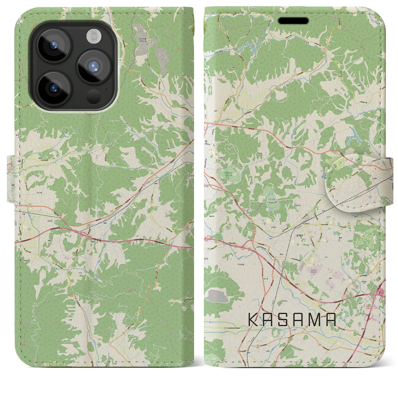 【笠間】地図柄iPhoneケース（手帳両面タイプ・ナチュラル）iPhone 15 Pro Max 用