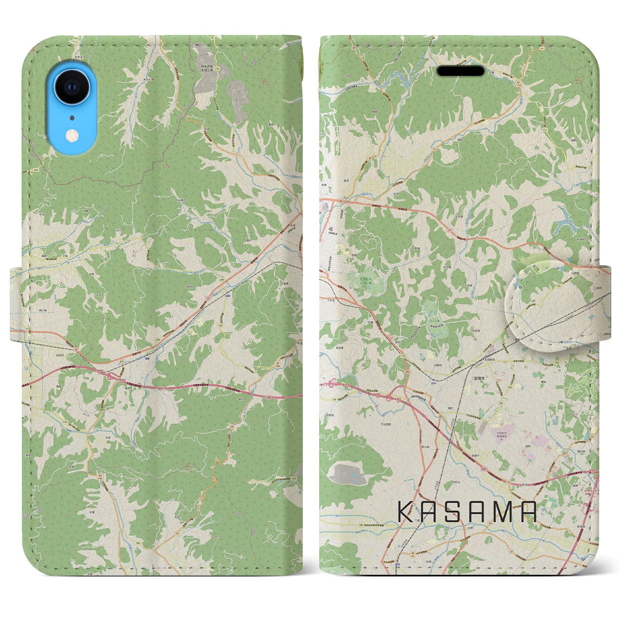 【笠間】地図柄iPhoneケース（手帳両面タイプ・ナチュラル）iPhone XR 用