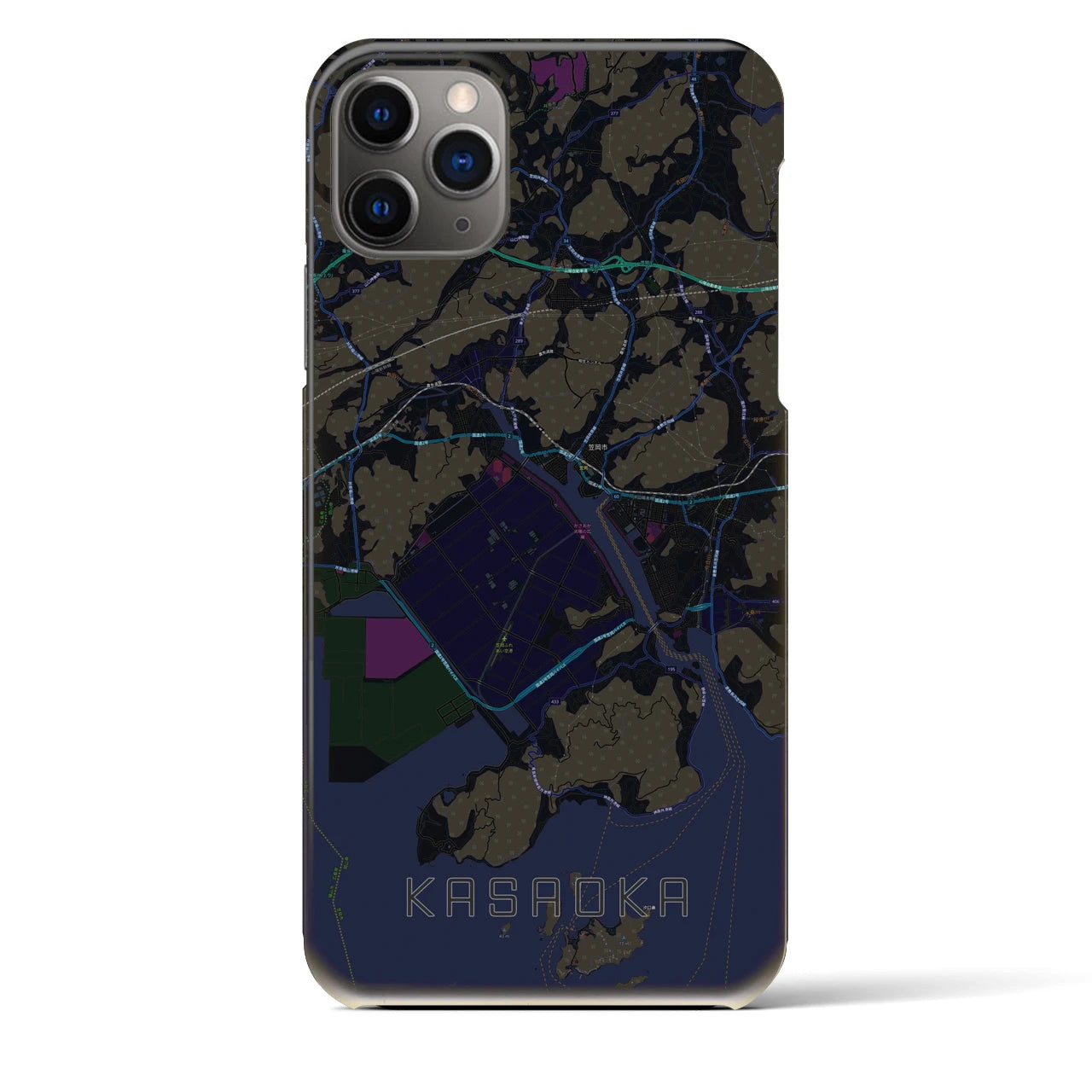 【笠岡】地図柄iPhoneケース（バックカバータイプ・ブラック）iPhone 11 Pro Max 用