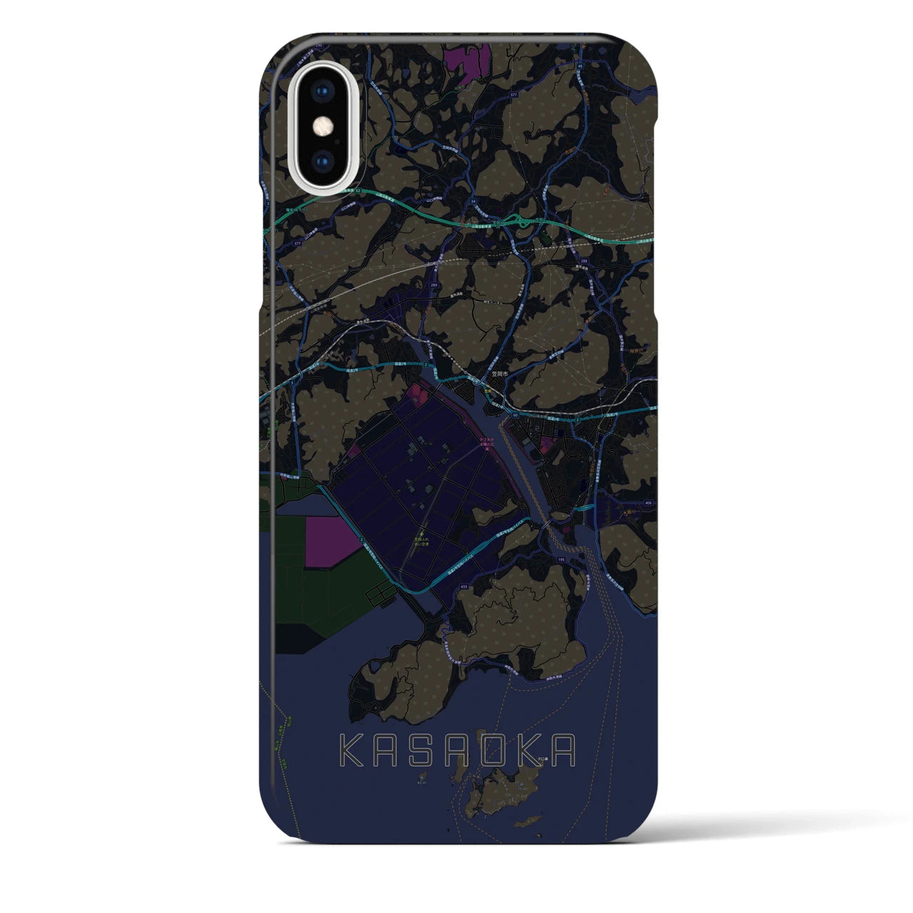 【笠岡】地図柄iPhoneケース（バックカバータイプ・ブラック）iPhone XS Max 用