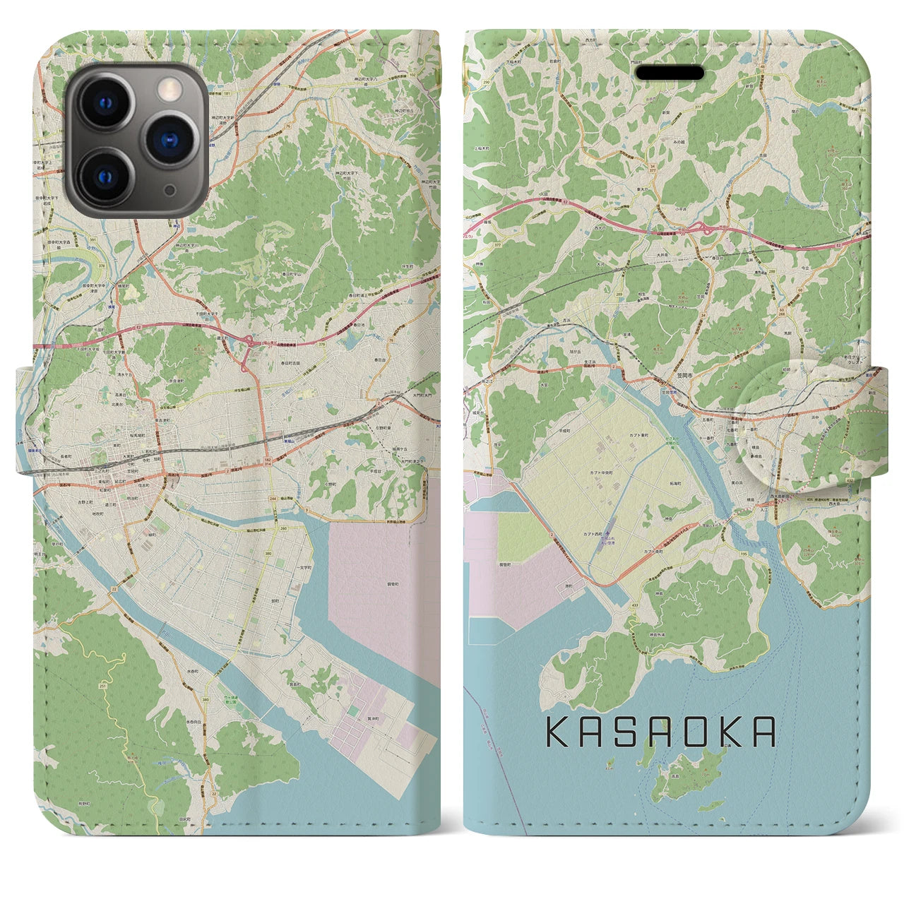 【笠岡】地図柄iPhoneケース（手帳両面タイプ・ナチュラル）iPhone 11 Pro Max 用