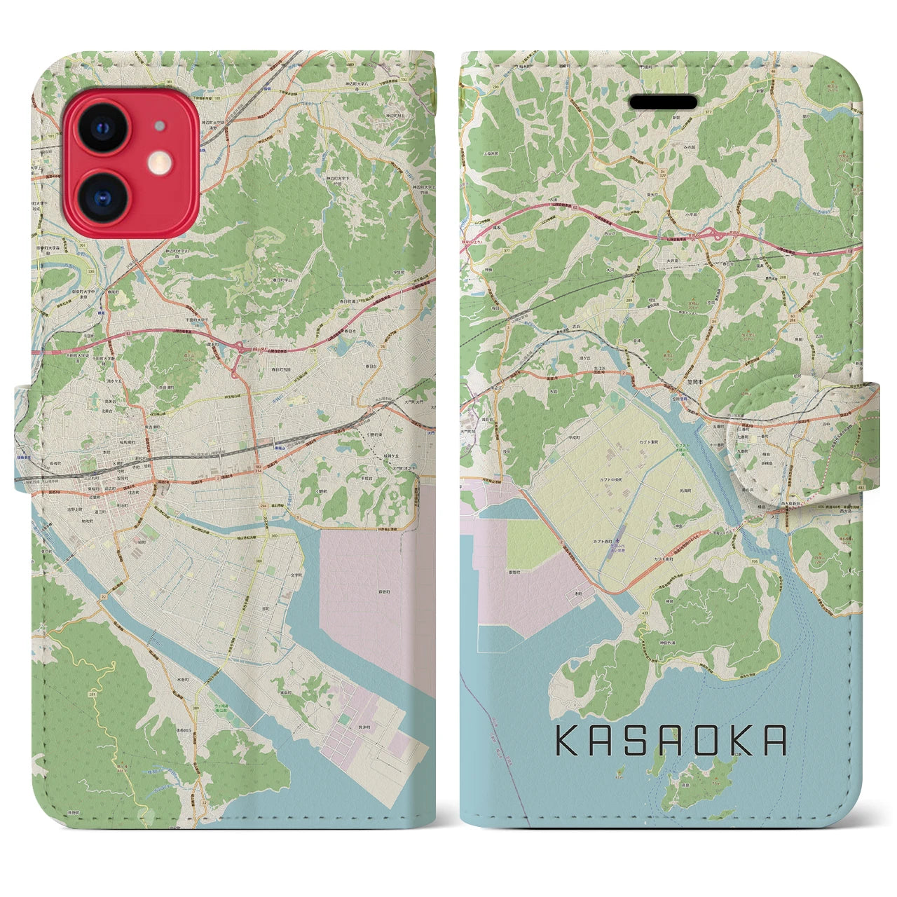 【笠岡】地図柄iPhoneケース（手帳両面タイプ・ナチュラル）iPhone 11 用