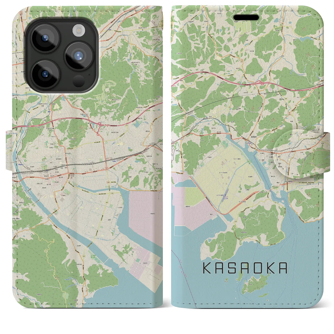 【笠岡】地図柄iPhoneケース（手帳両面タイプ・ナチュラル）iPhone 15 Pro Max 用