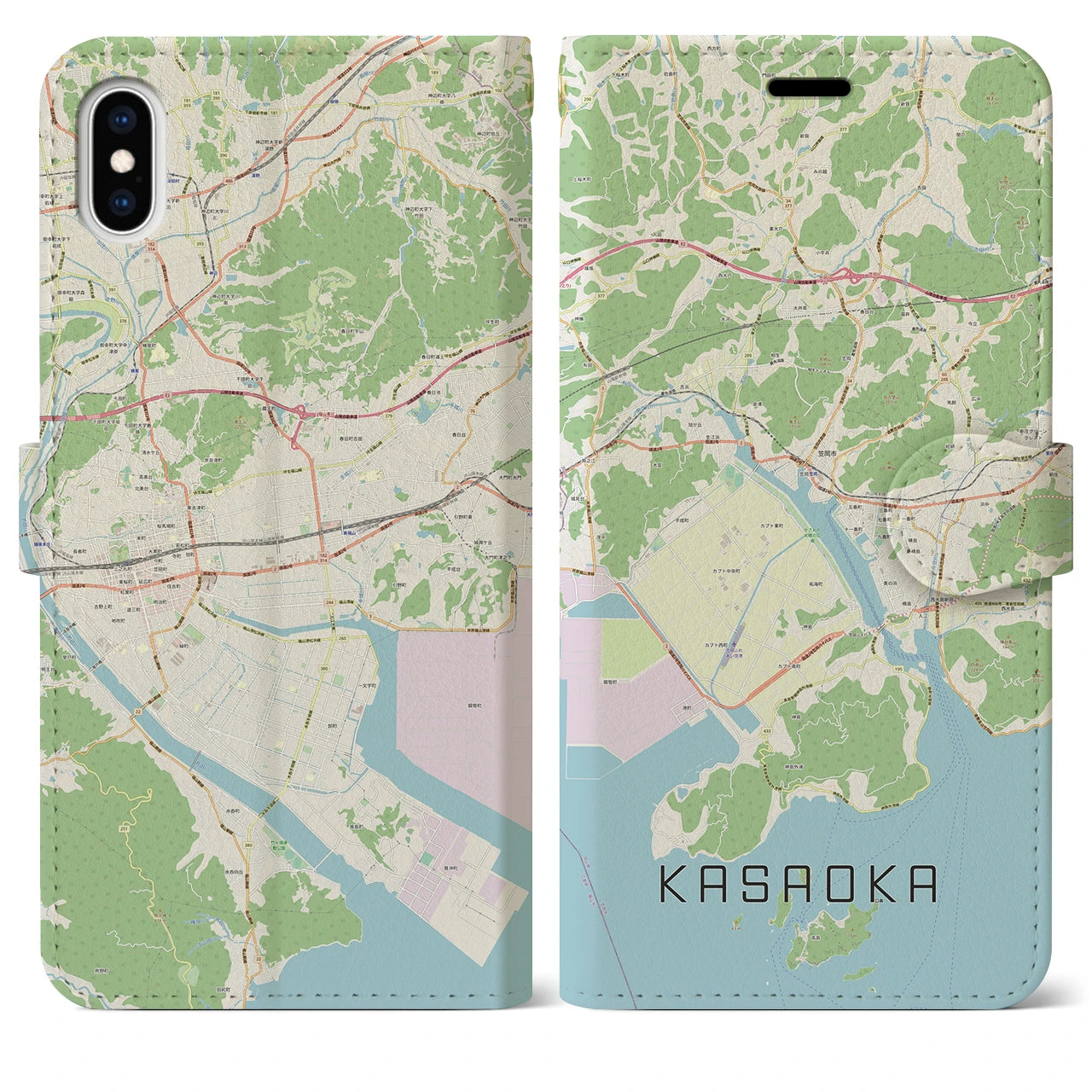 【笠岡】地図柄iPhoneケース（手帳両面タイプ・ナチュラル）iPhone XS Max 用
