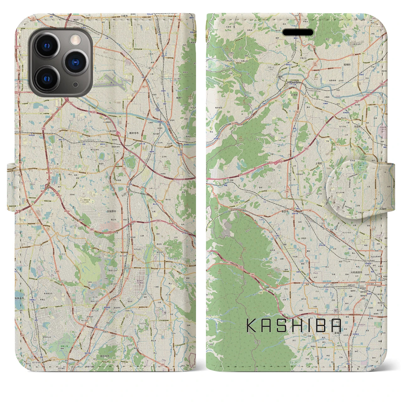 【香芝】地図柄iPhoneケース（手帳両面タイプ・ナチュラル）iPhone 11 Pro Max 用