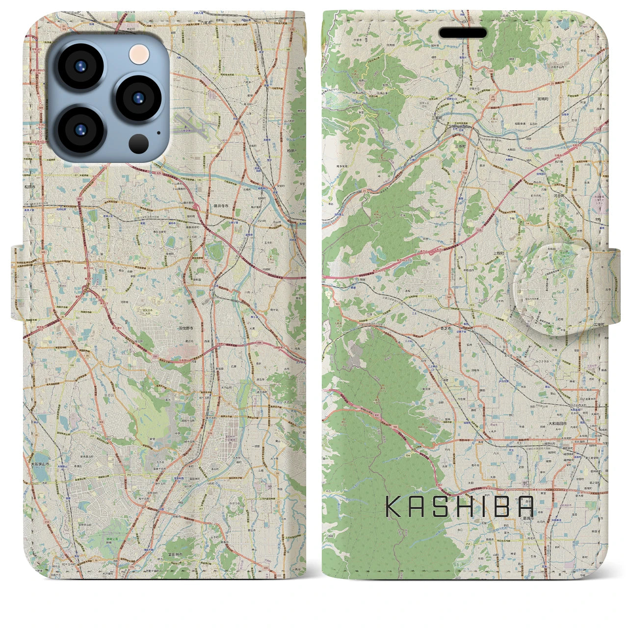 【香芝】地図柄iPhoneケース（手帳両面タイプ・ナチュラル）iPhone 13 Pro Max 用