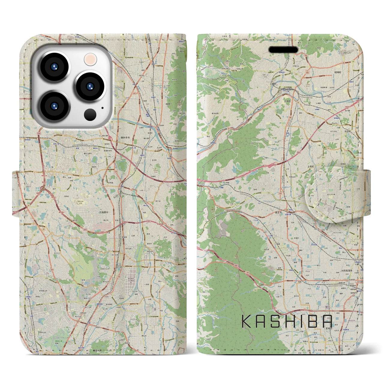 【香芝】地図柄iPhoneケース（手帳両面タイプ・ナチュラル）iPhone 13 Pro 用