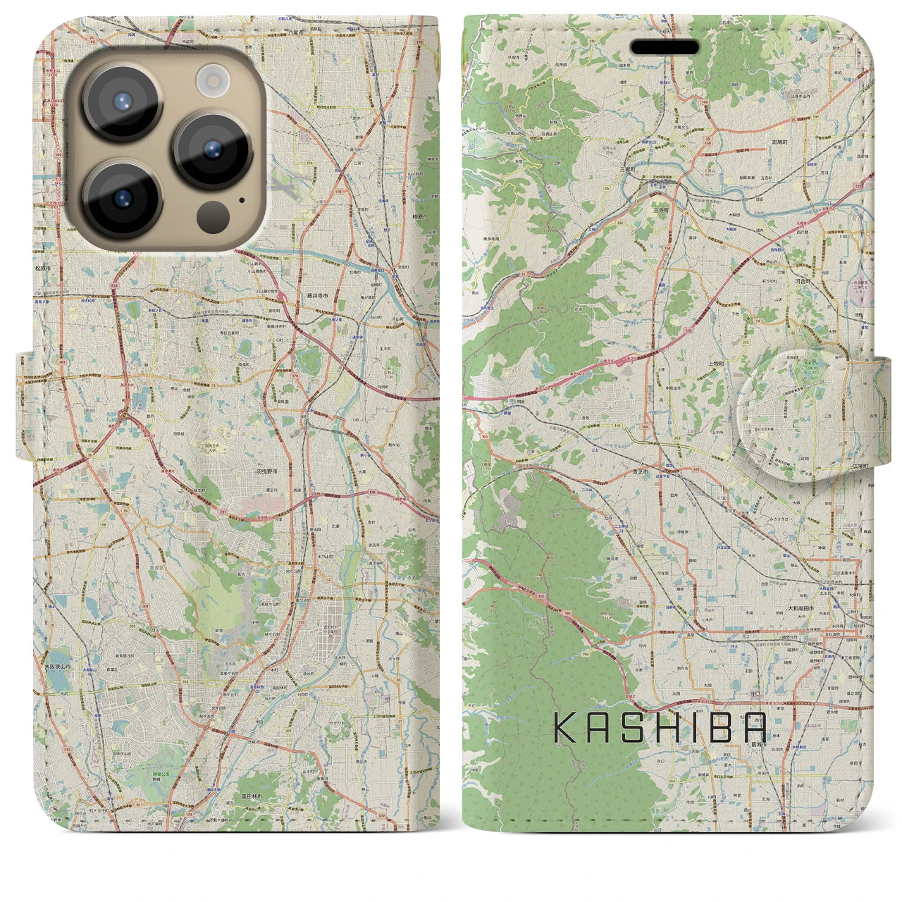 【香芝】地図柄iPhoneケース（手帳両面タイプ・ナチュラル）iPhone 14 Pro Max 用