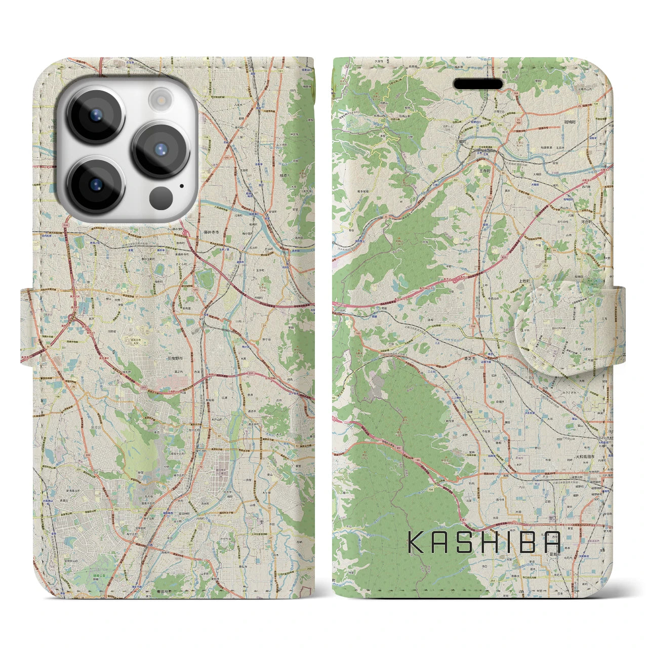 【香芝】地図柄iPhoneケース（手帳両面タイプ・ナチュラル）iPhone 14 Pro 用