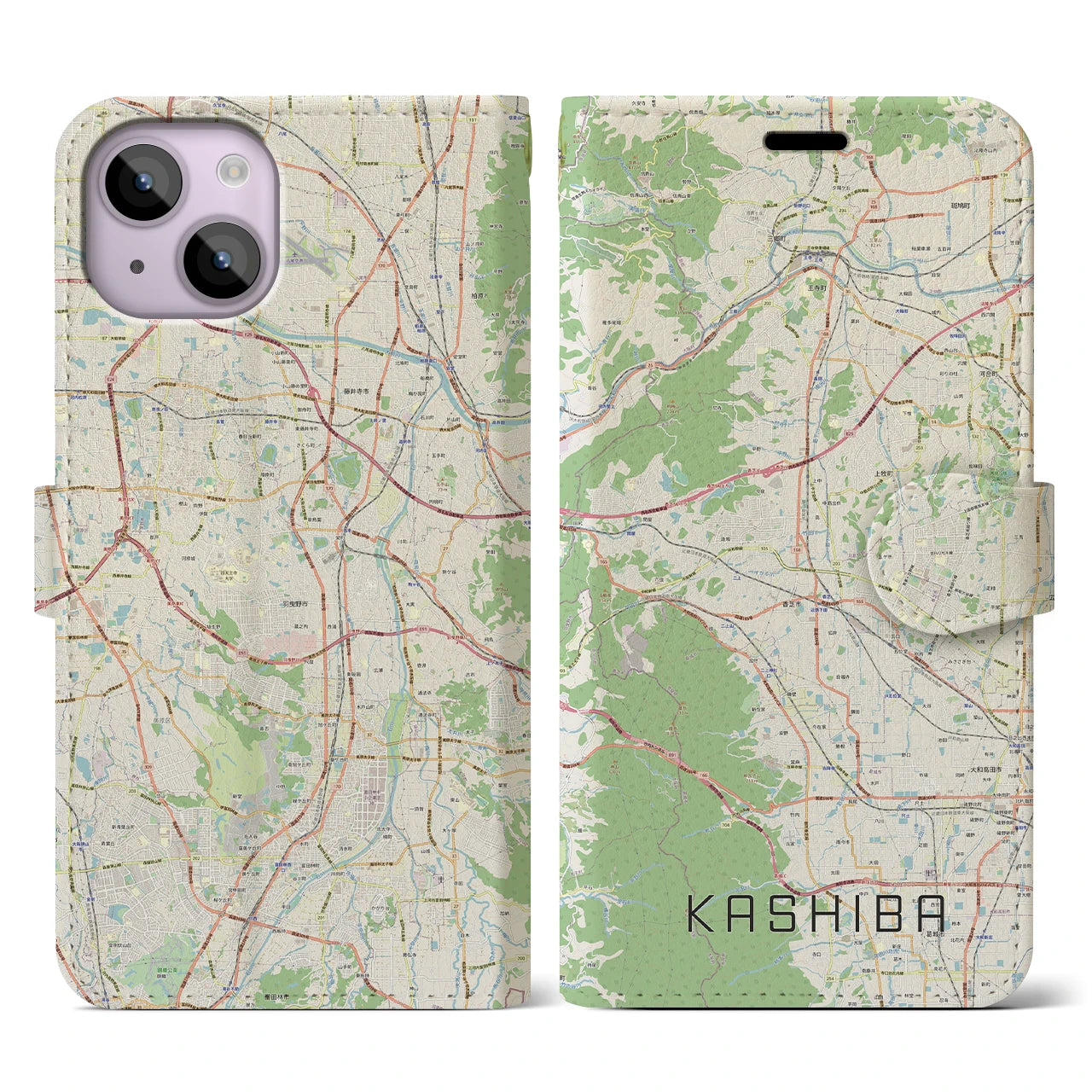 【香芝】地図柄iPhoneケース（手帳両面タイプ・ナチュラル）iPhone 14 用