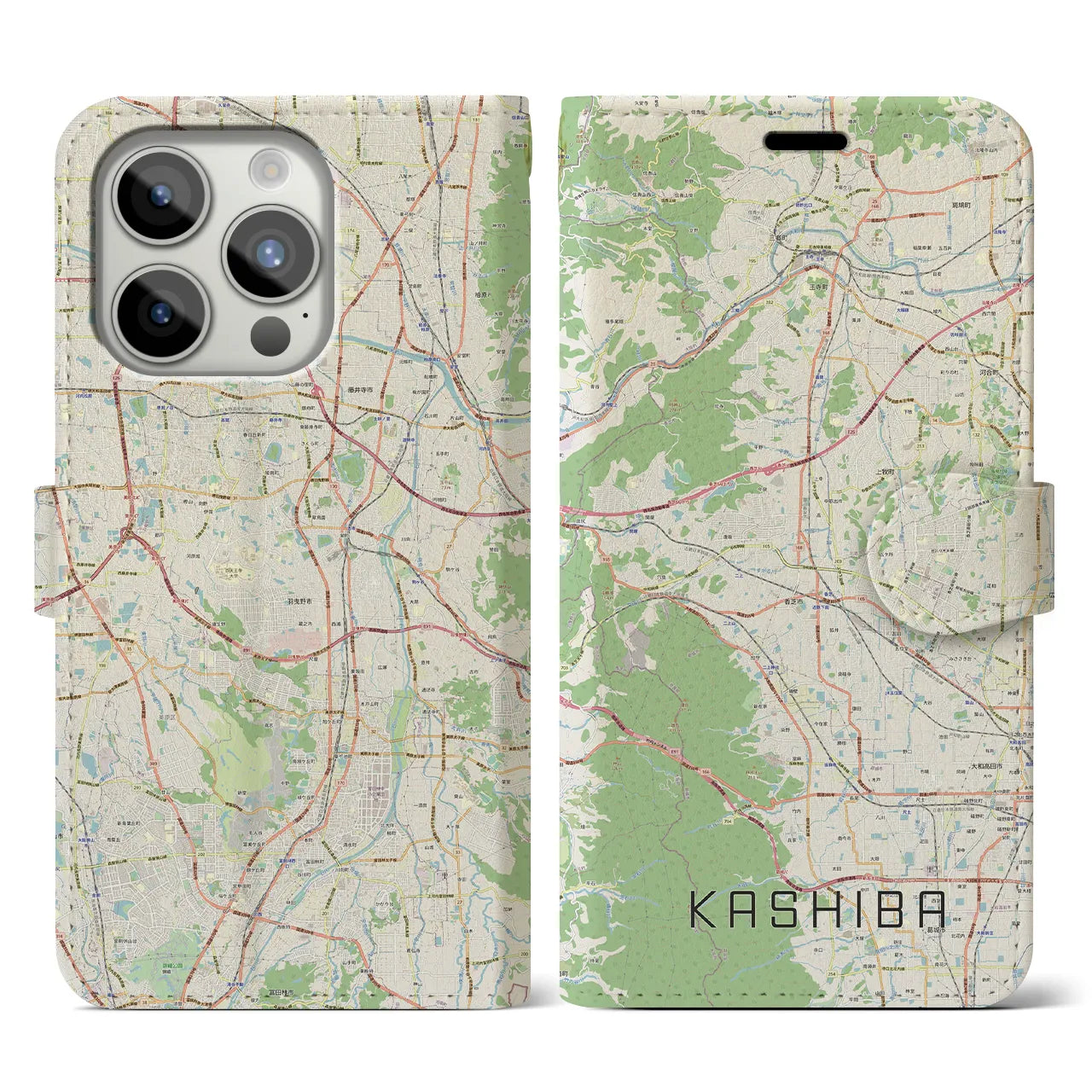 【香芝】地図柄iPhoneケース（手帳両面タイプ・ナチュラル）iPhone 15 Pro 用