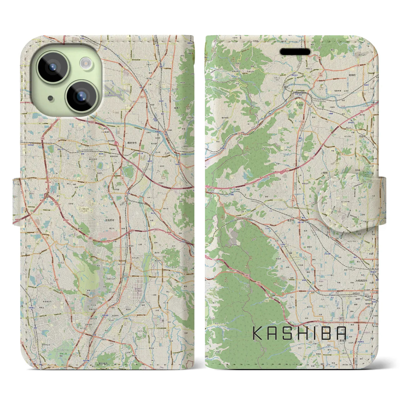 【香芝】地図柄iPhoneケース（手帳両面タイプ・ナチュラル）iPhone 15 用
