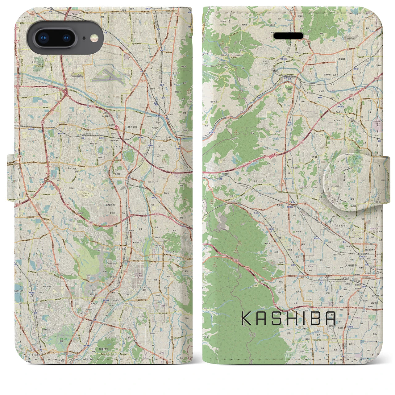 【香芝】地図柄iPhoneケース（手帳両面タイプ・ナチュラル）iPhone 8Plus /7Plus / 6sPlus / 6Plus 用