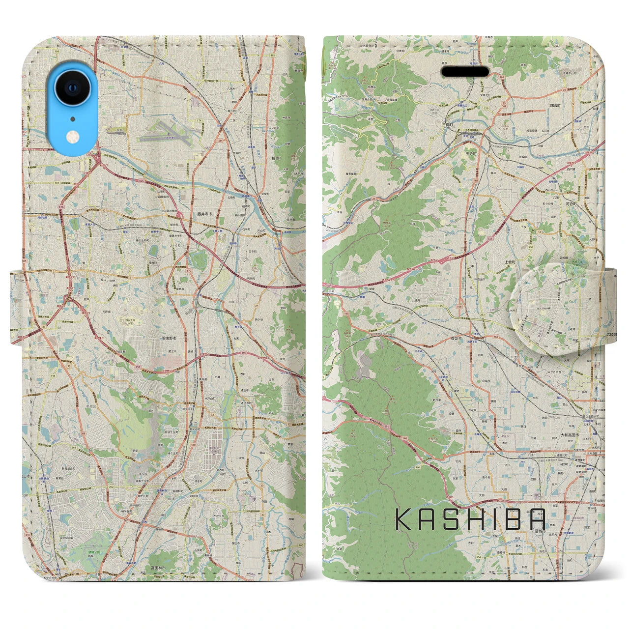 【香芝】地図柄iPhoneケース（手帳両面タイプ・ナチュラル）iPhone XR 用