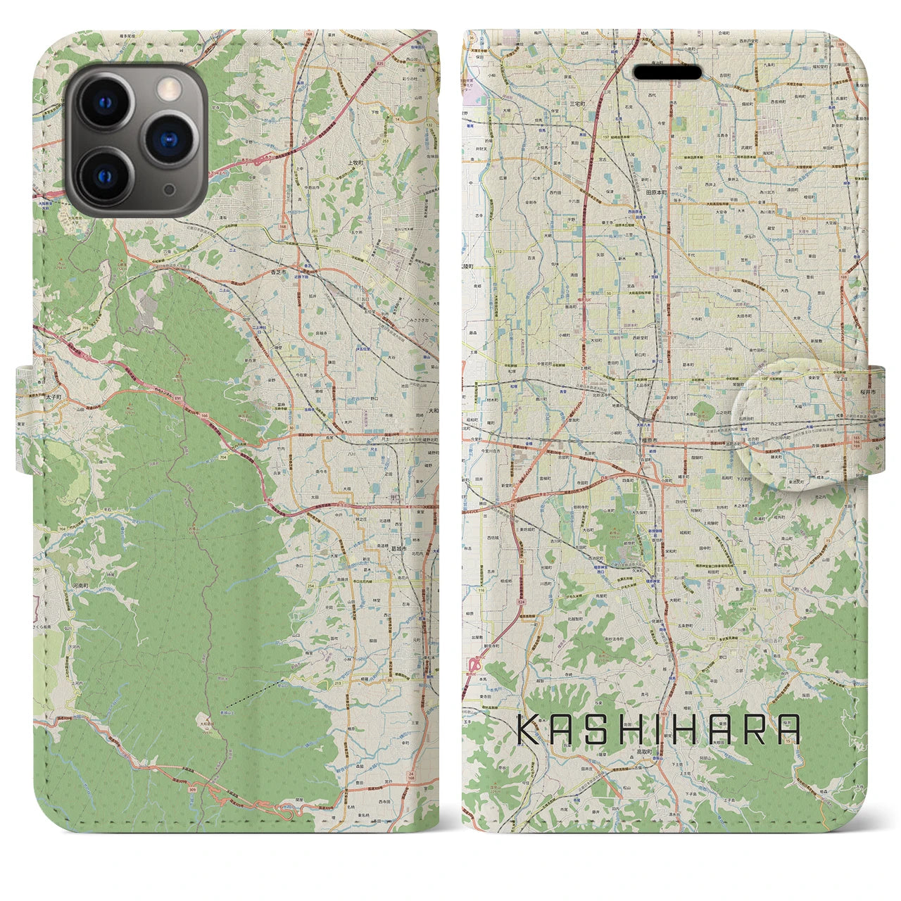 【橿原】地図柄iPhoneケース（手帳両面タイプ・ナチュラル）iPhone 11 Pro Max 用