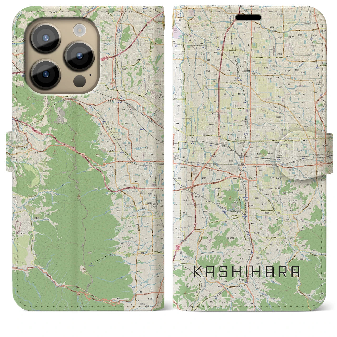 【橿原】地図柄iPhoneケース（手帳両面タイプ・ナチュラル）iPhone 14 Pro Max 用