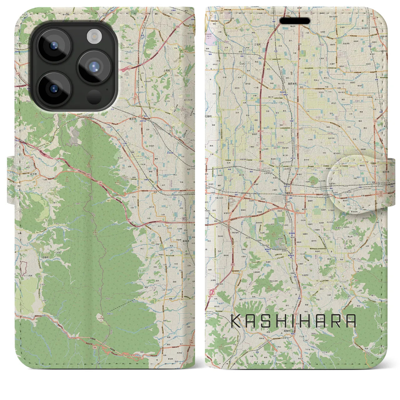 【橿原】地図柄iPhoneケース（手帳両面タイプ・ナチュラル）iPhone 15 Pro Max 用