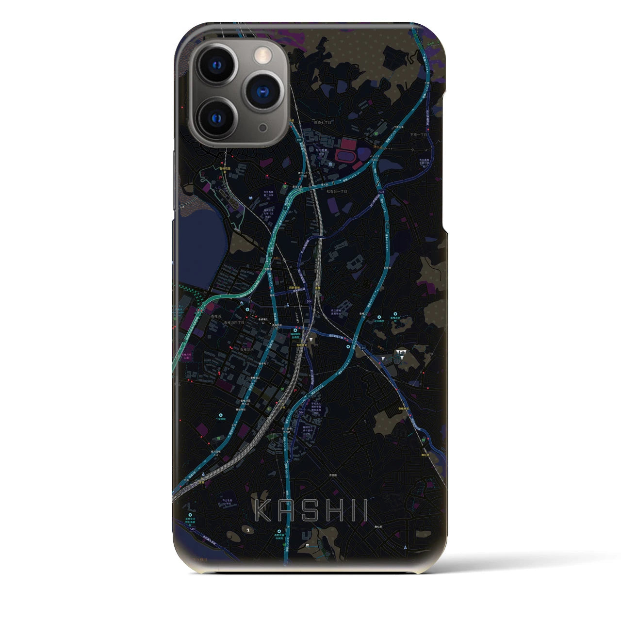 【香椎】地図柄iPhoneケース（バックカバータイプ・ブラック）iPhone 11 Pro Max 用