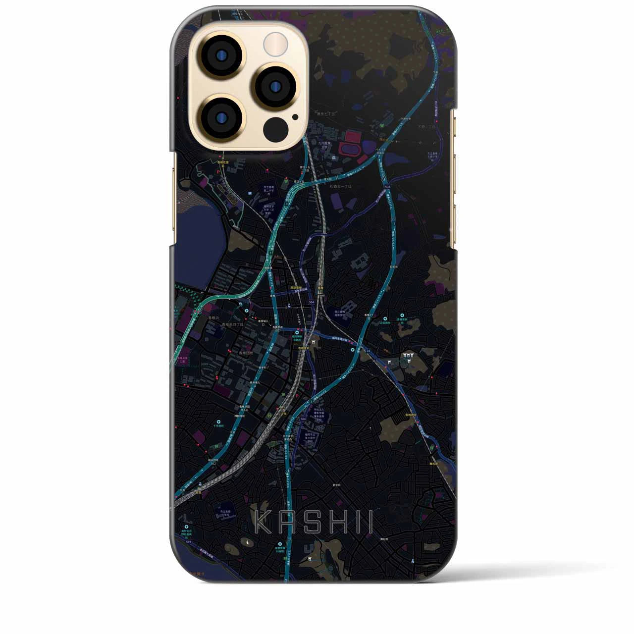 【香椎】地図柄iPhoneケース（バックカバータイプ・ブラック）iPhone 12 Pro Max 用