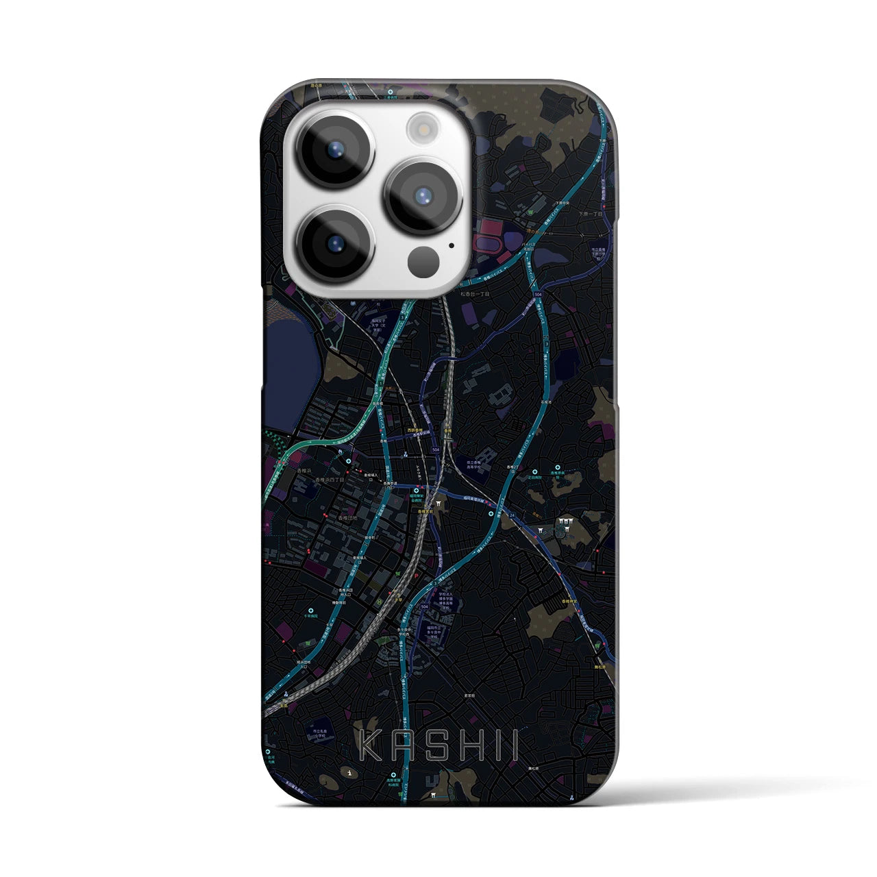 【香椎】地図柄iPhoneケース（バックカバータイプ・ブラック）iPhone 14 Pro 用