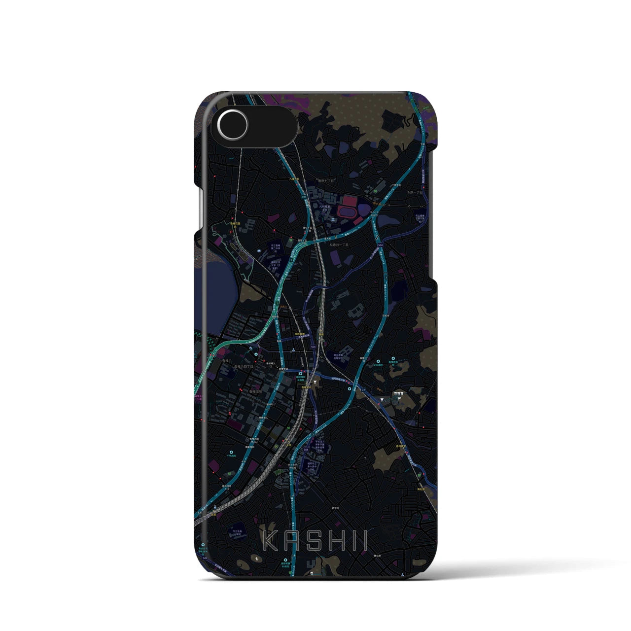 【香椎】地図柄iPhoneケース（バックカバータイプ・ブラック）iPhone SE（第3 / 第2世代） / 8 / 7 / 6s / 6 用