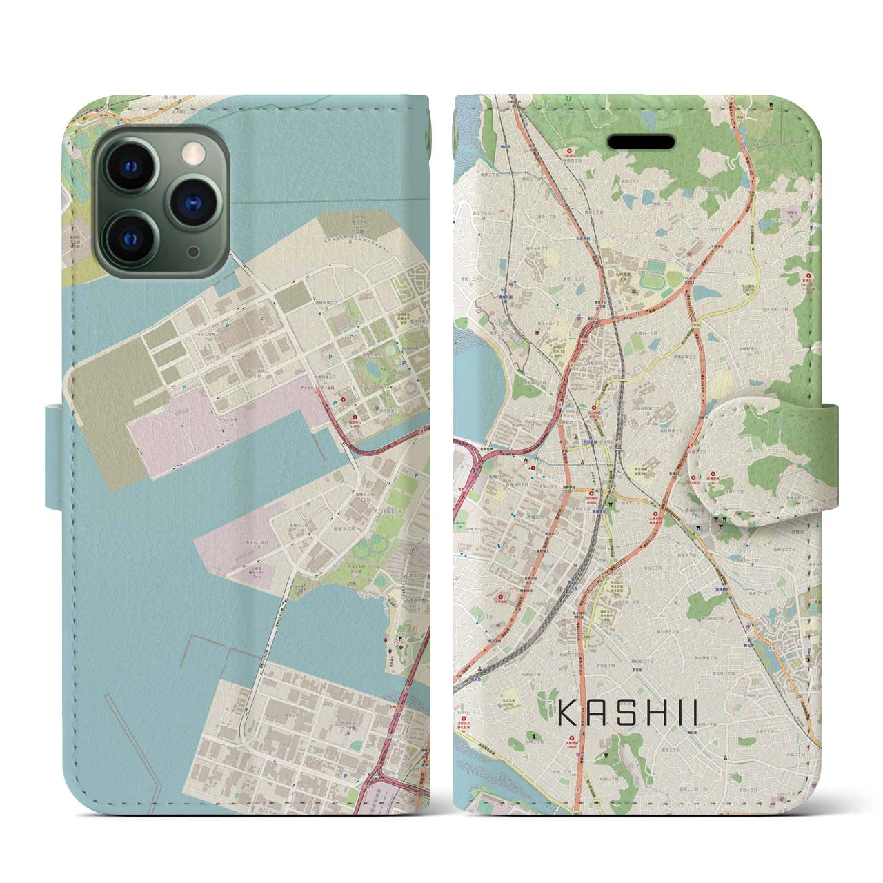 【香椎】地図柄iPhoneケース（手帳両面タイプ・ナチュラル）iPhone 11 Pro 用