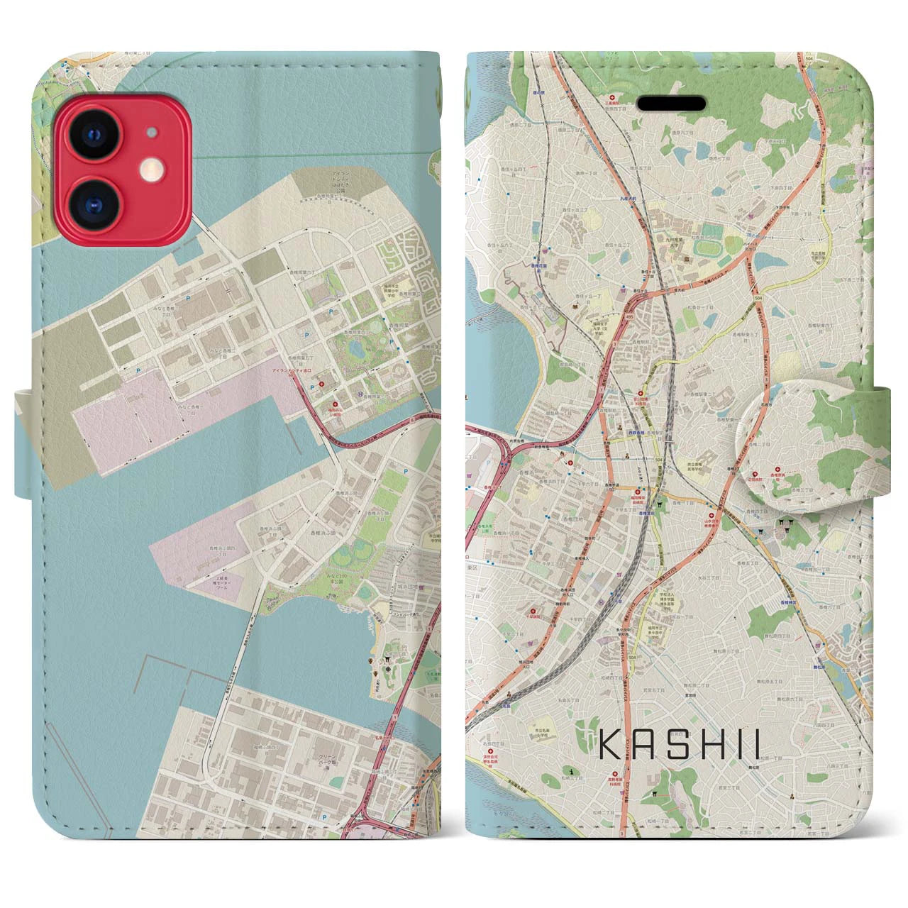【香椎】地図柄iPhoneケース（手帳両面タイプ・ナチュラル）iPhone 11 用