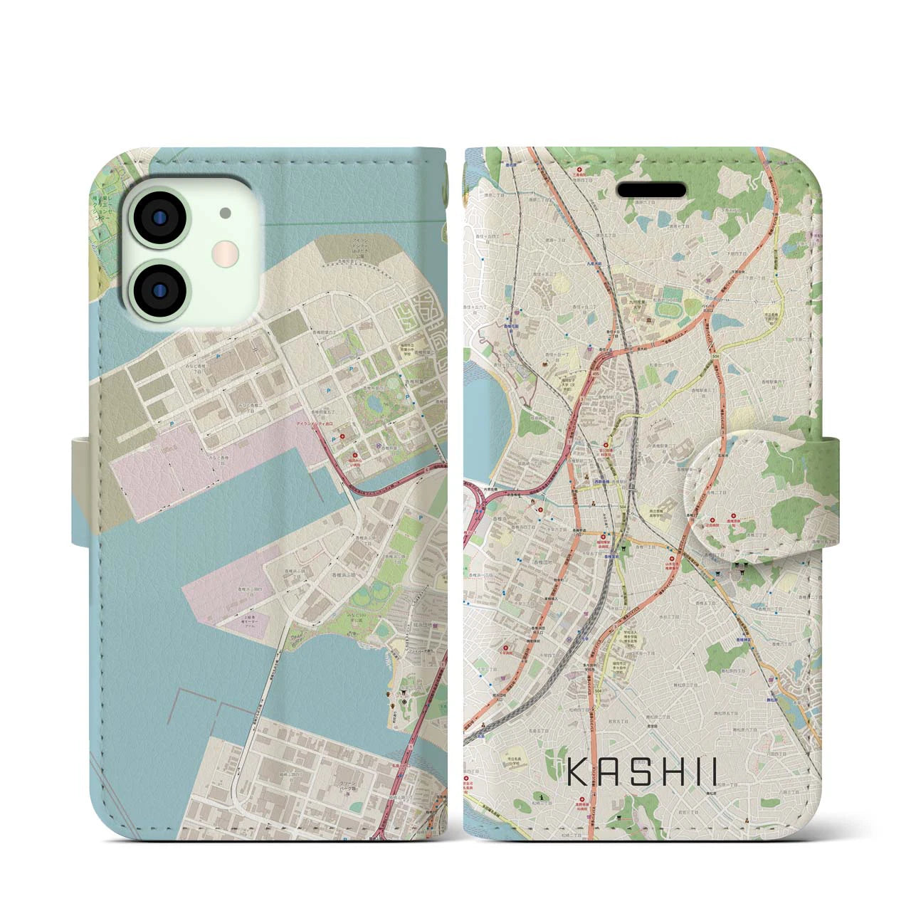 【香椎】地図柄iPhoneケース（手帳両面タイプ・ナチュラル）iPhone 12 mini 用