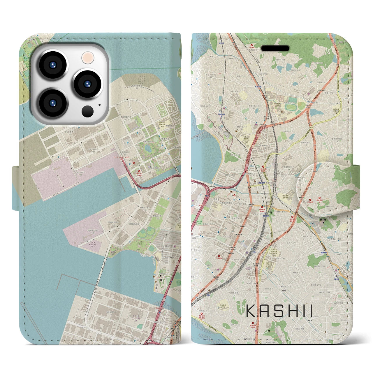 【香椎】地図柄iPhoneケース（手帳両面タイプ・ナチュラル）iPhone 13 Pro 用