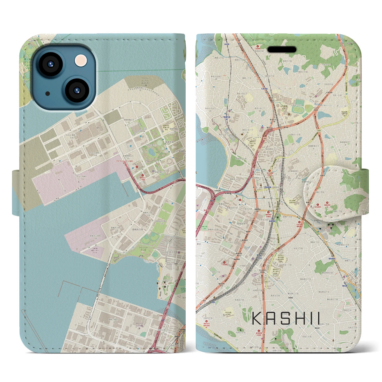 【香椎】地図柄iPhoneケース（手帳両面タイプ・ナチュラル）iPhone 13 用