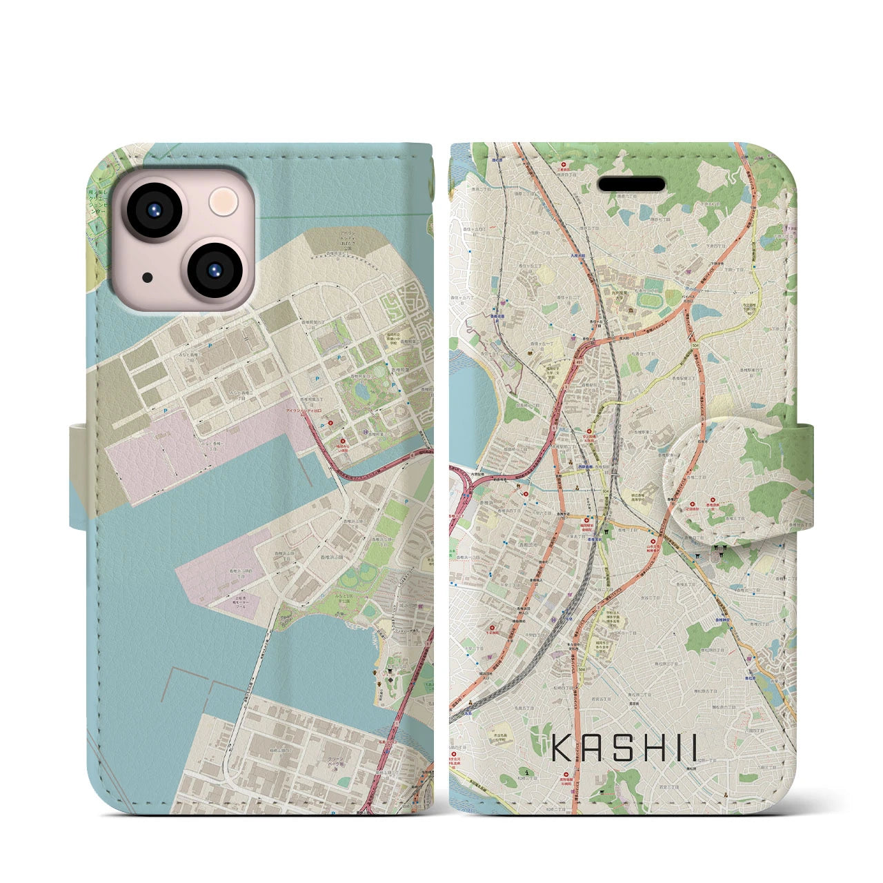 【香椎】地図柄iPhoneケース（手帳両面タイプ・ナチュラル）iPhone 13 mini 用