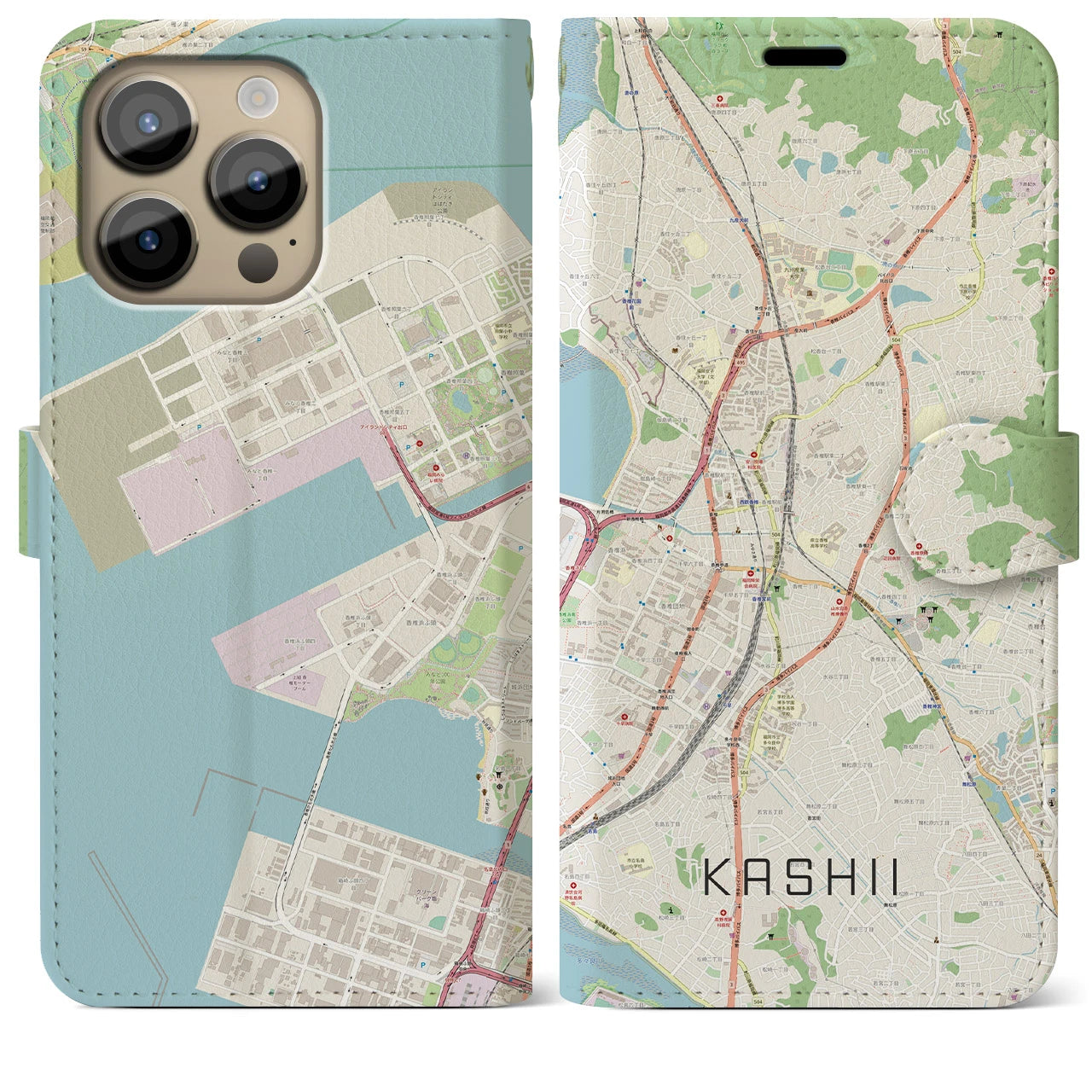 【香椎】地図柄iPhoneケース（手帳両面タイプ・ナチュラル）iPhone 14 Pro Max 用