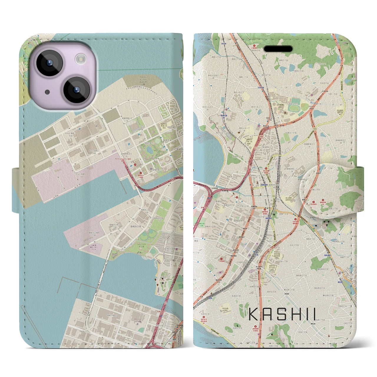 【香椎】地図柄iPhoneケース（手帳両面タイプ・ナチュラル）iPhone 14 用