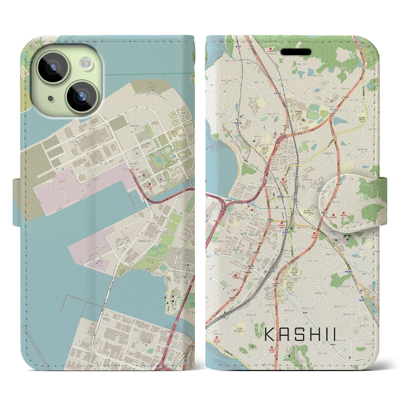 【香椎】地図柄iPhoneケース（手帳両面タイプ・ナチュラル）iPhone 15 用