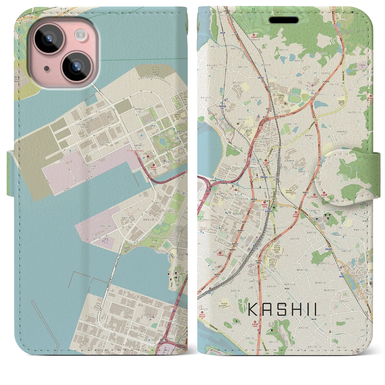 【香椎】地図柄iPhoneケース（手帳両面タイプ・ナチュラル）iPhone 15 Plus 用
