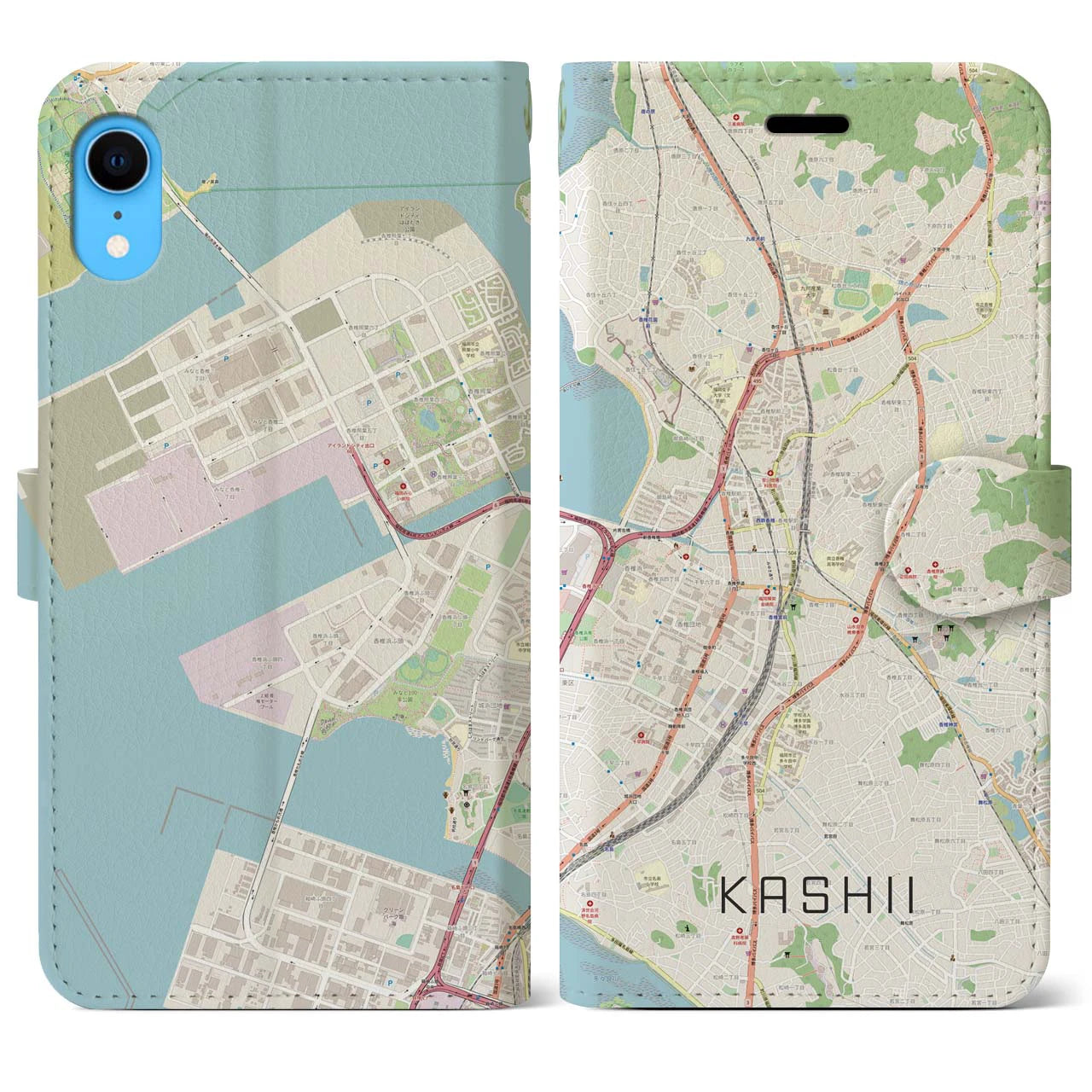 【香椎】地図柄iPhoneケース（手帳両面タイプ・ナチュラル）iPhone XR 用