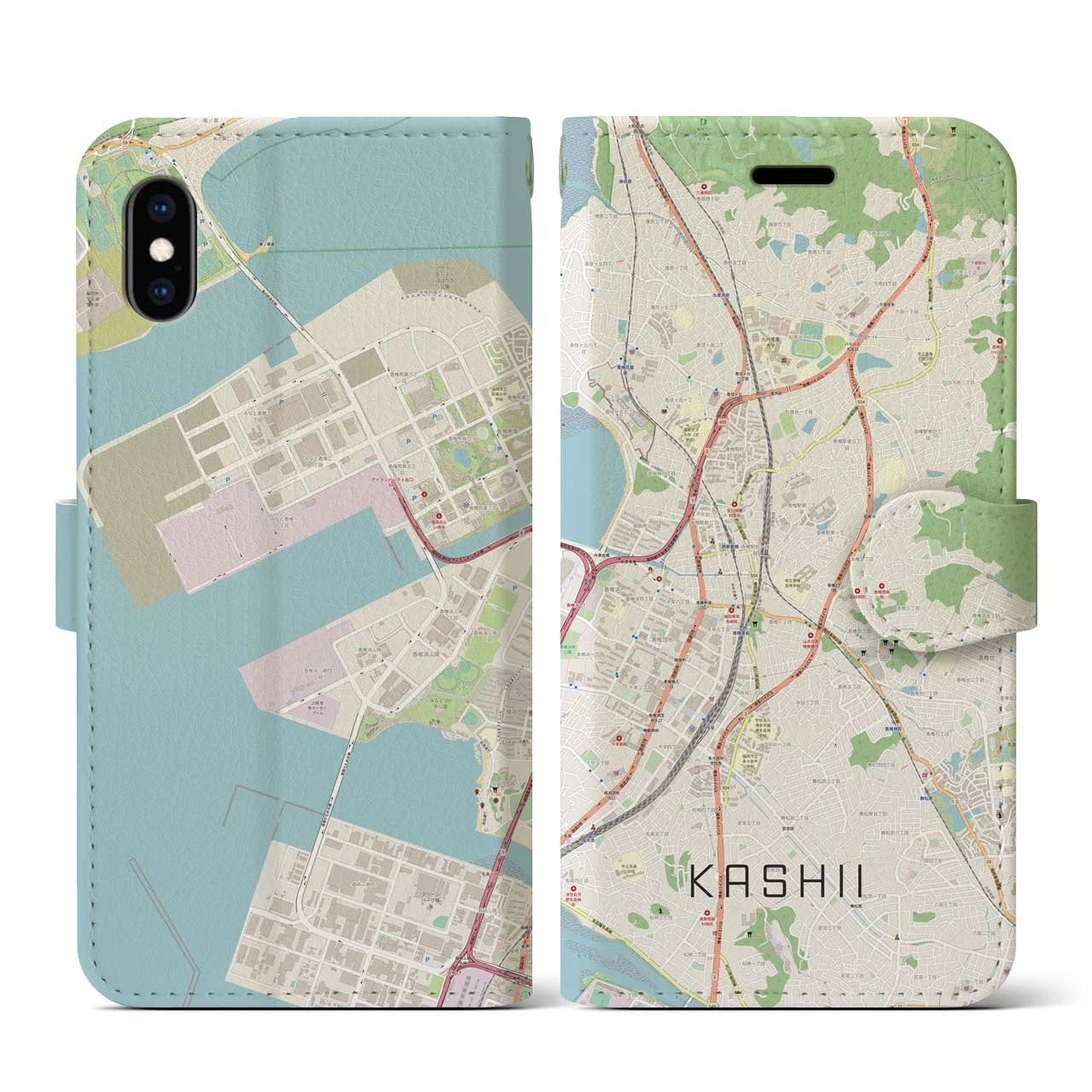 【香椎】地図柄iPhoneケース（手帳両面タイプ・ナチュラル）iPhone XS / X 用