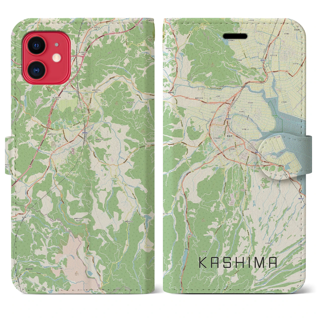 【鹿島（佐賀県）】地図柄iPhoneケース（手帳両面タイプ・ナチュラル）iPhone 11 用