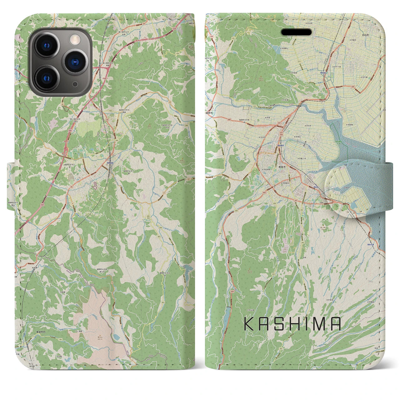 【鹿島（佐賀県）】地図柄iPhoneケース（手帳両面タイプ・ナチュラル）iPhone 11 Pro Max 用