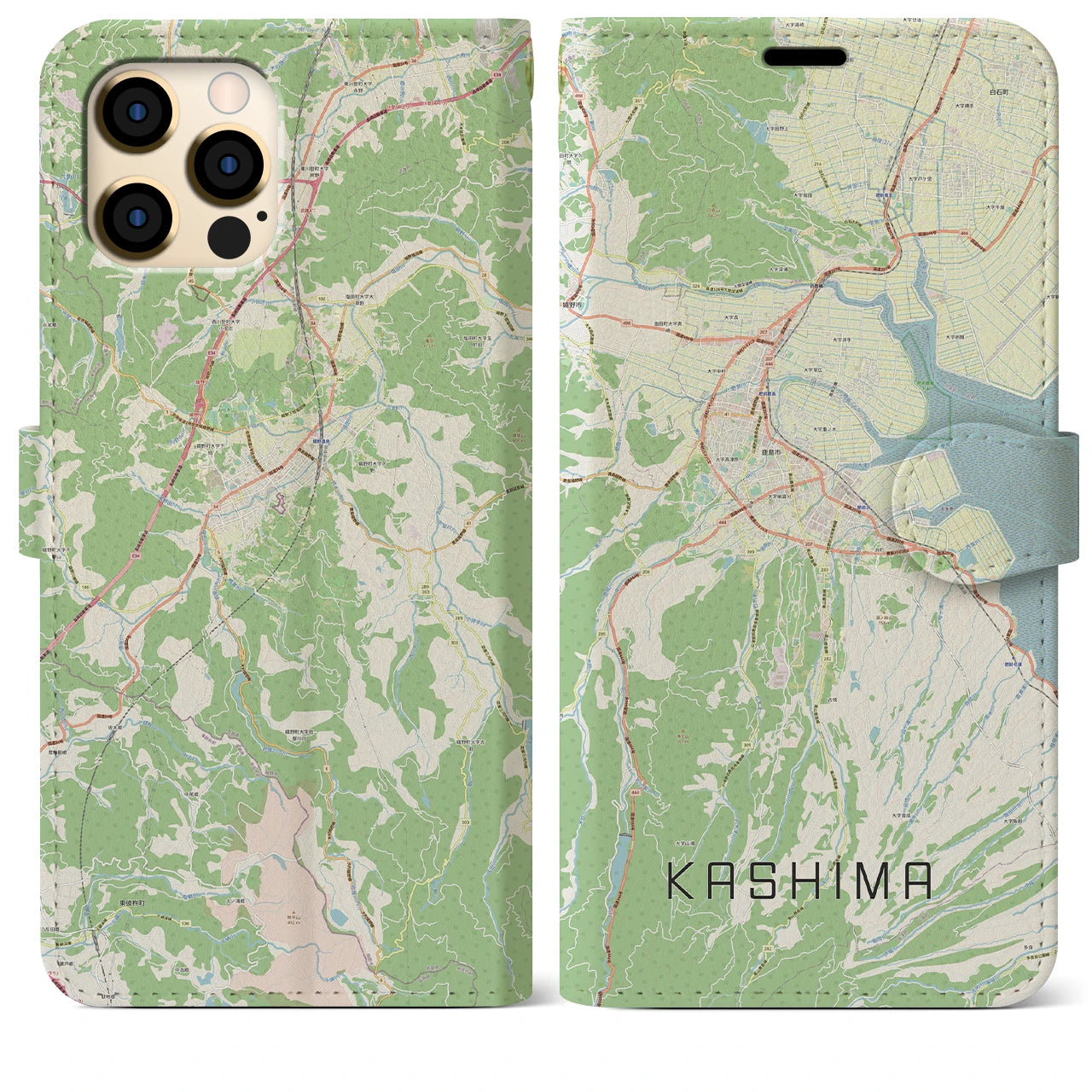 【鹿島（佐賀県）】地図柄iPhoneケース（手帳両面タイプ・ナチュラル）iPhone 12 Pro Max 用
