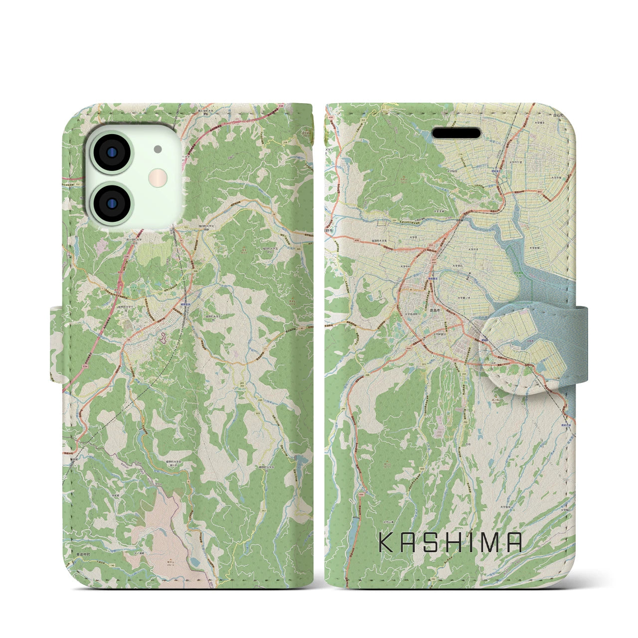 【鹿島（佐賀県）】地図柄iPhoneケース（手帳両面タイプ・ナチュラル）iPhone 12 mini 用