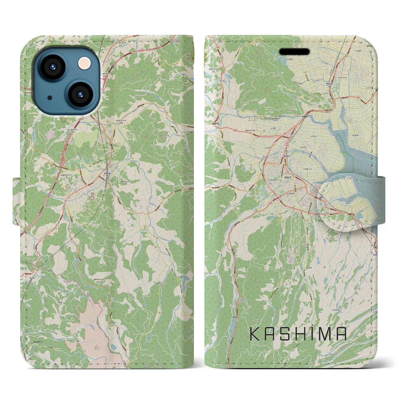 【鹿島（佐賀県）】地図柄iPhoneケース（手帳両面タイプ・ナチュラル）iPhone 13 用