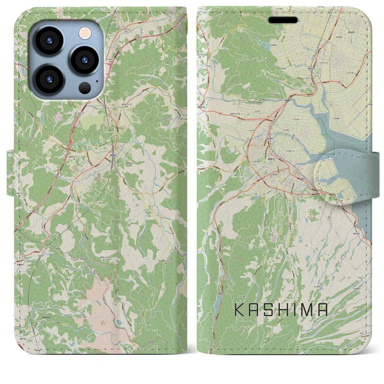 【鹿島（佐賀県）】地図柄iPhoneケース（手帳両面タイプ・ナチュラル）iPhone 13 Pro Max 用