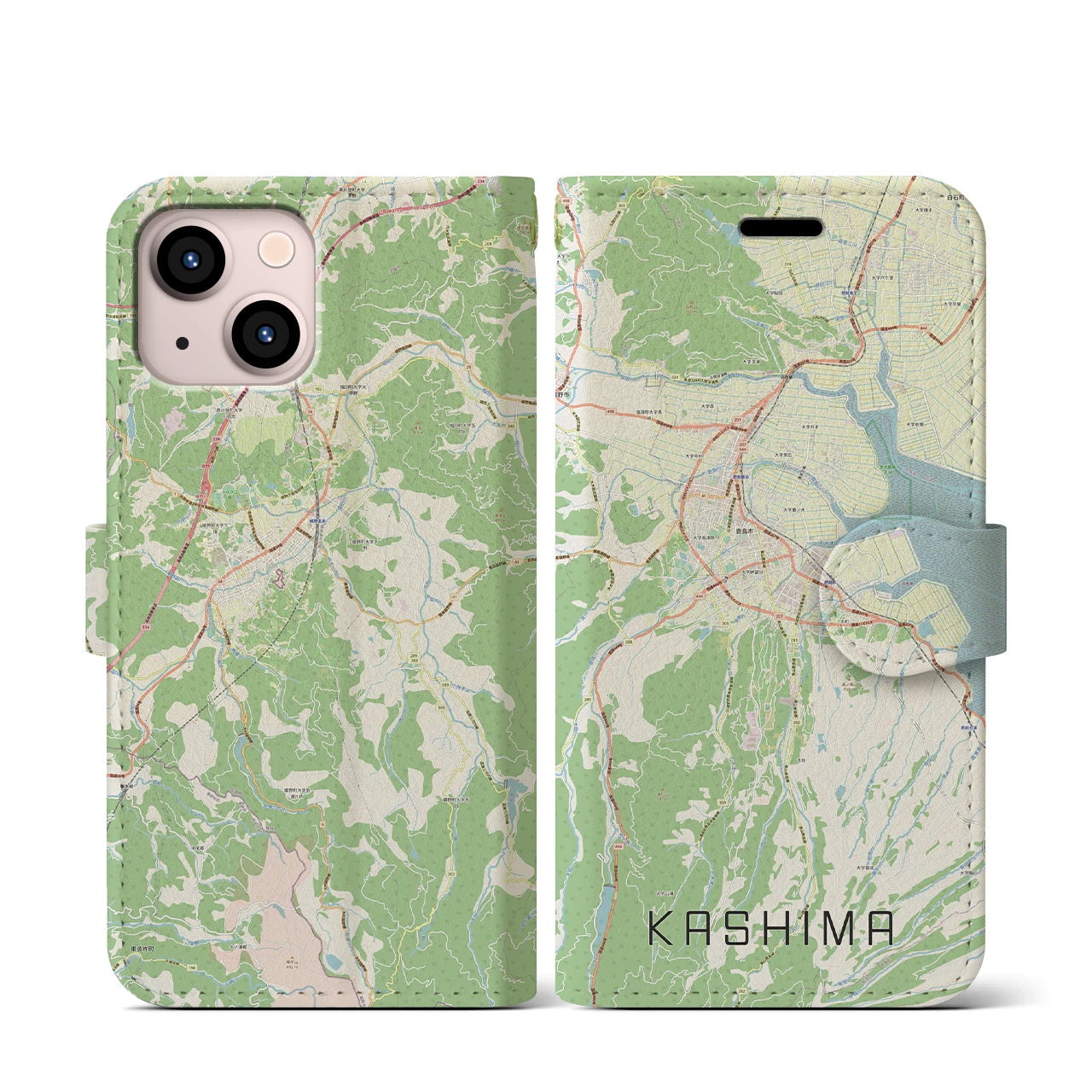 【鹿島（佐賀県）】地図柄iPhoneケース（手帳両面タイプ・ナチュラル）iPhone 13 mini 用