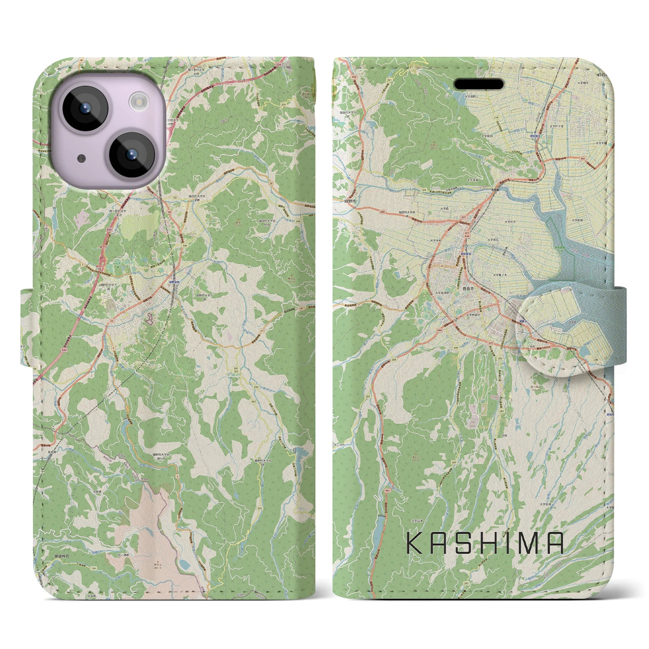 【鹿島（佐賀県）】地図柄iPhoneケース（手帳両面タイプ・ナチュラル）iPhone 14 用