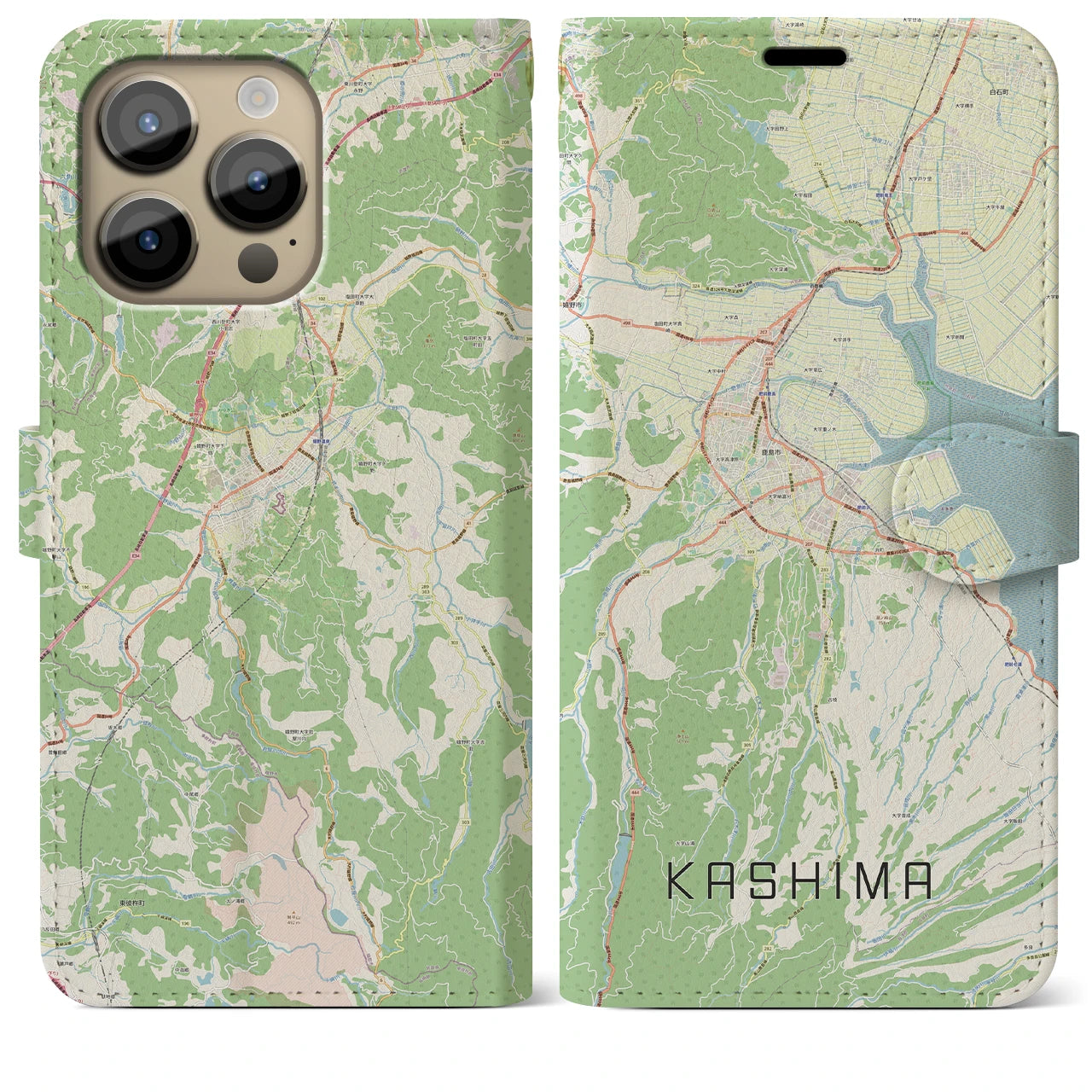 【鹿島（佐賀県）】地図柄iPhoneケース（手帳両面タイプ・ナチュラル）iPhone 14 Pro Max 用