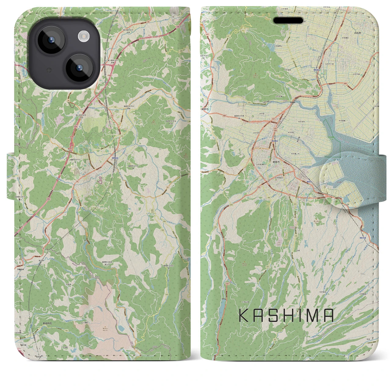 【鹿島（佐賀県）】地図柄iPhoneケース（手帳両面タイプ・ナチュラル）iPhone 14 Plus 用