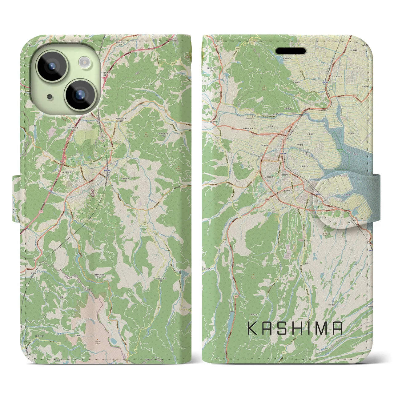 【鹿島（佐賀県）】地図柄iPhoneケース（手帳両面タイプ・ナチュラル）iPhone 15 用
