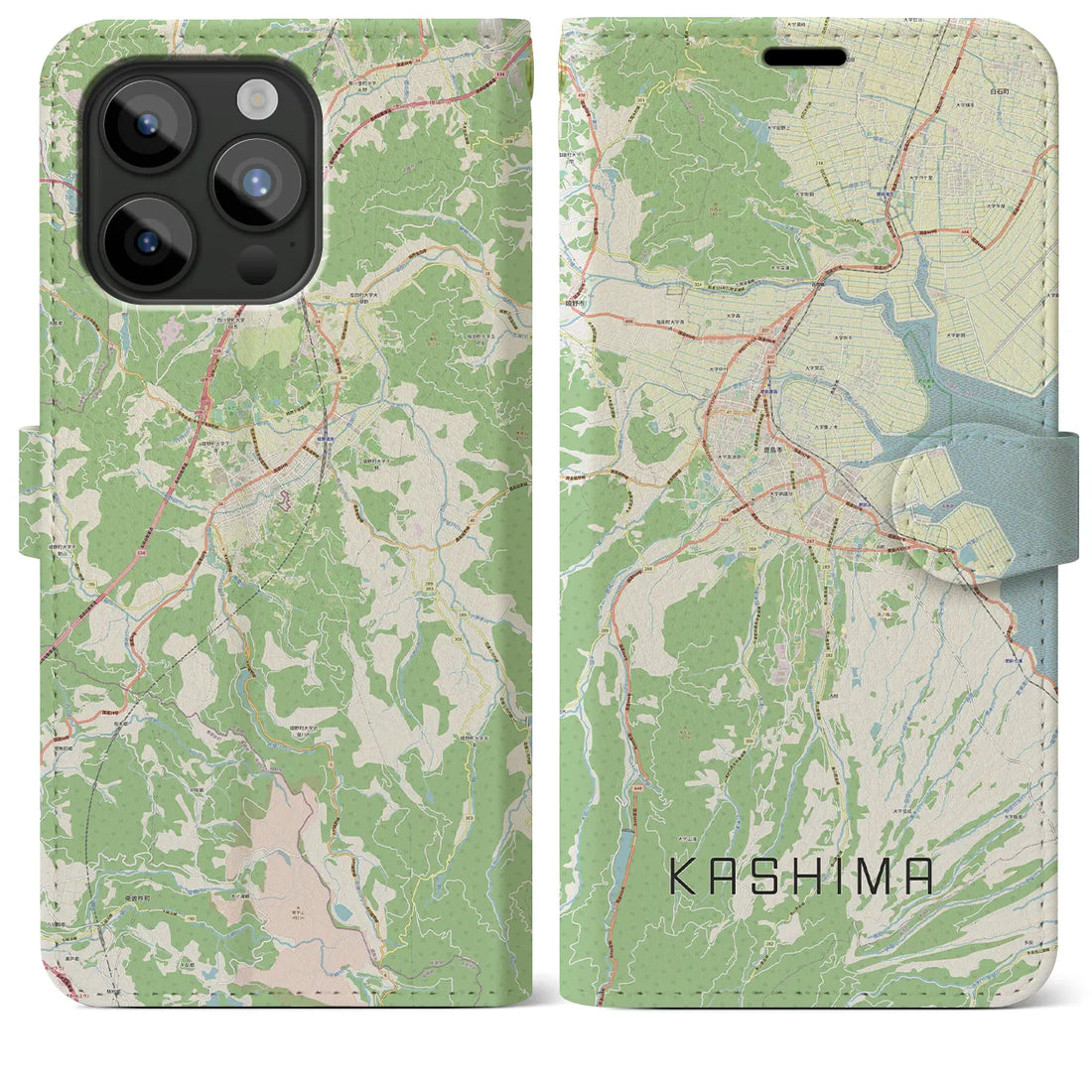 【鹿島（佐賀県）】地図柄iPhoneケース（手帳両面タイプ・ナチュラル）iPhone 15 Pro Max 用