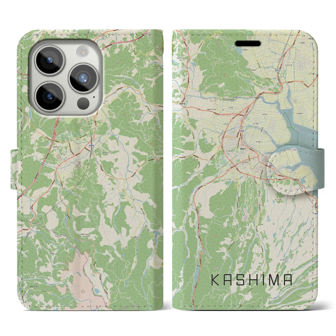 【鹿島（佐賀県）】地図柄iPhoneケース（手帳両面タイプ・ナチュラル）iPhone 15 Pro 用
